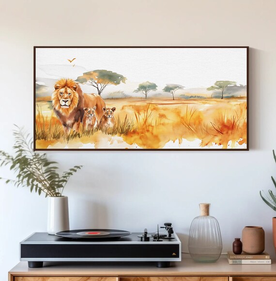 Lion and Cubs in Golden African Savannah Sunset Watercolor Poster