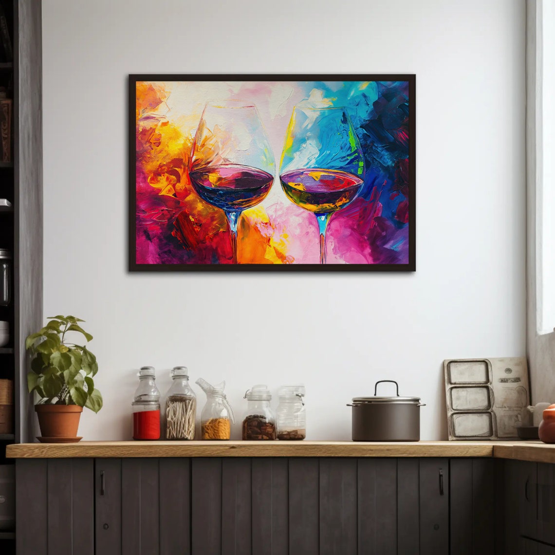 Two Wine Glasses Abstract Colorful Modern Kitchen Art Poster - Image 2