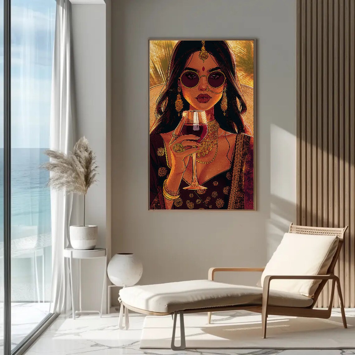 Stylish Indian Woman Drinking Wine Poster Print - Image 2