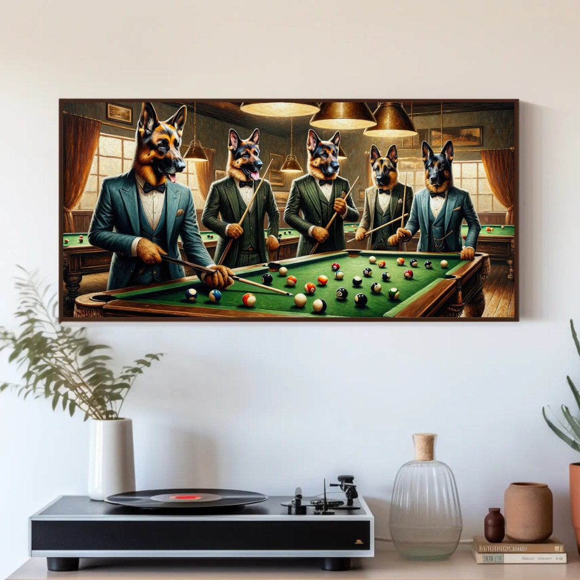 German Shepherd Dogs Playing Pool in Tuxedo Suits Humor Art Poster