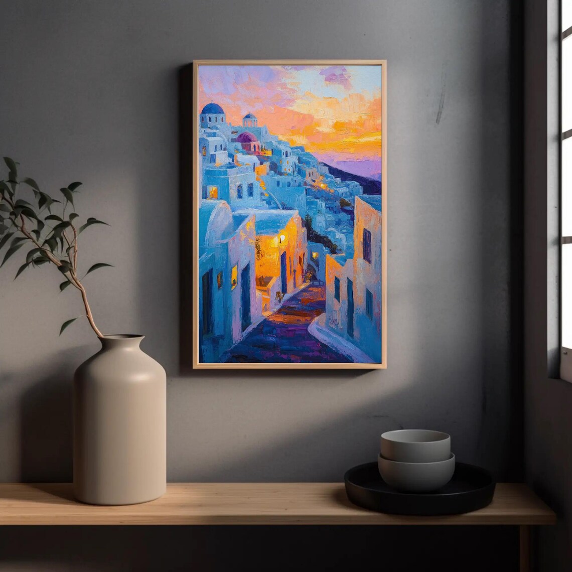 Greek Island Village At Sunset Pink Sky Santorini Style Poster - Image 2