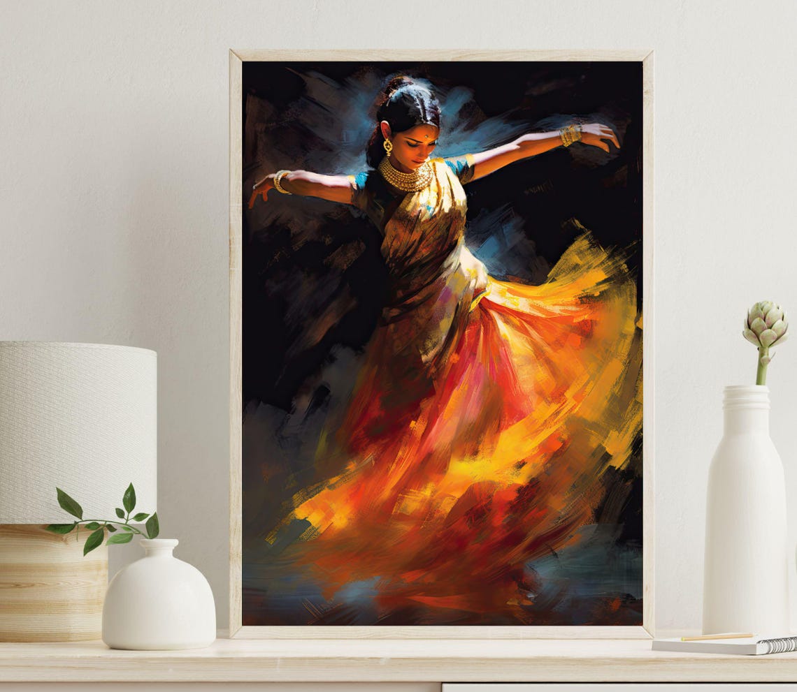 Classical Indian Dancer Swirling Skirt Dark Oil Painting Poster