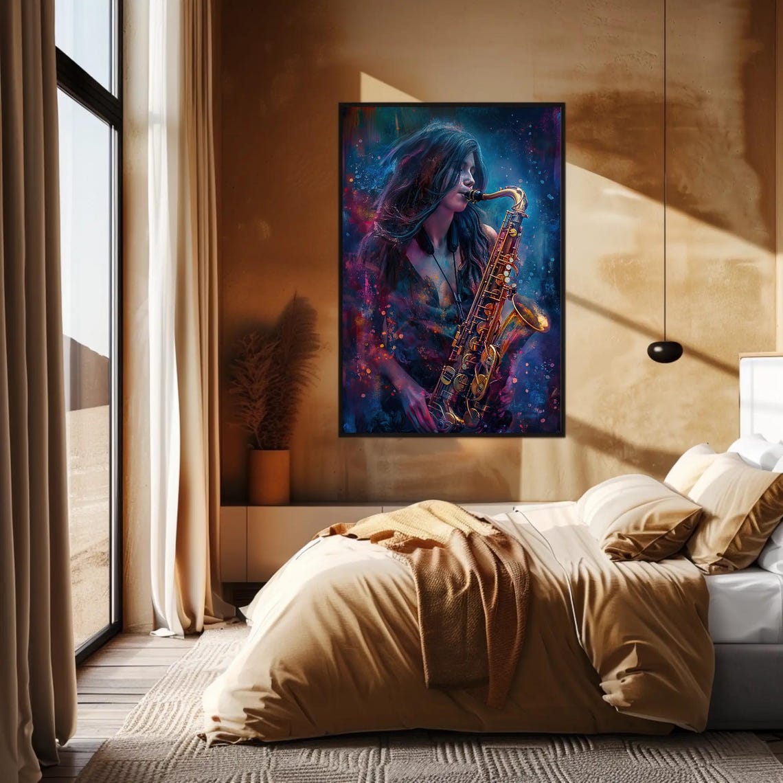 Female Saxophone Player Neon Jazz Music Splash Portrait Artwork Poster - Image 3