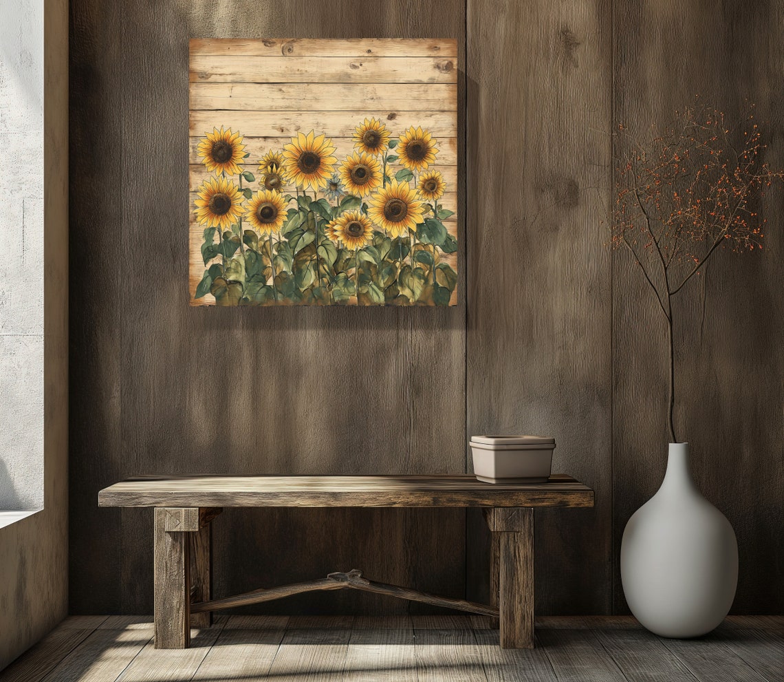 Sunflower Field Blooming On Rustic Wood Summer Floral Wall Poster - Image 4