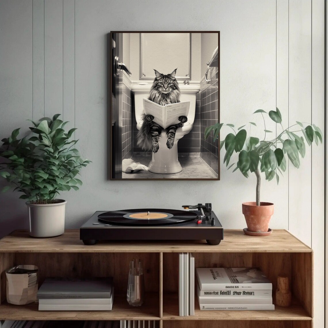 Long Haired Cat Reading Newspaper on Toilet Bathroom Humor Poster - Image 3