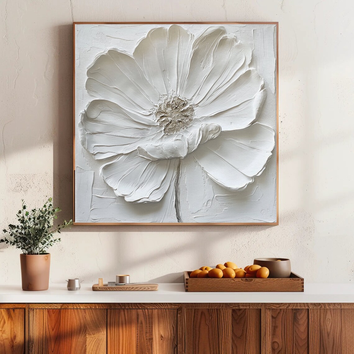 Large White Textured Flower Impasto Painting Minimalist Floral Poster - Image 4