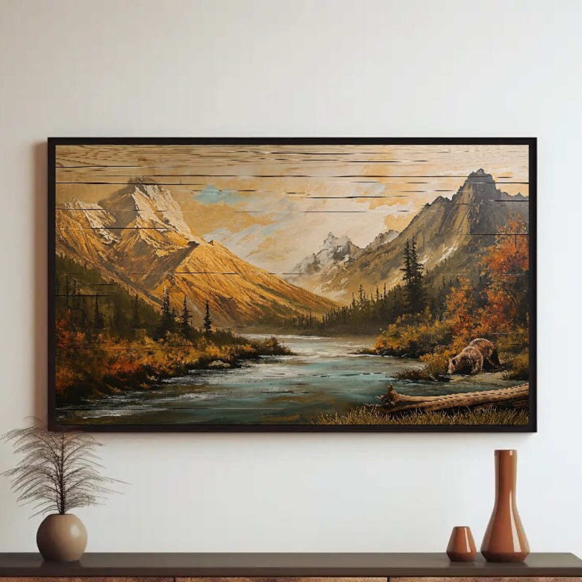 Wood Effect Mountain River Scenery, Rustic Decor Art Print