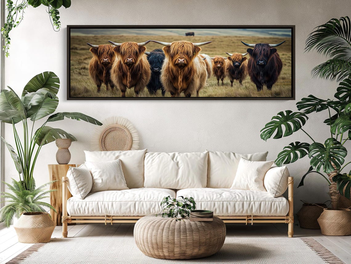 Highland Cow Herd In A Field Panoramic Wide Cattle Art Poster