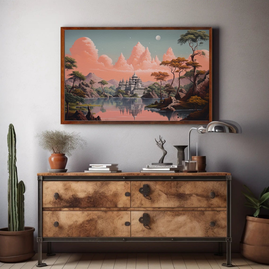 Indian Temple Fantasy Landscape Pink Sunset Lake Reflection Poster - Image 2