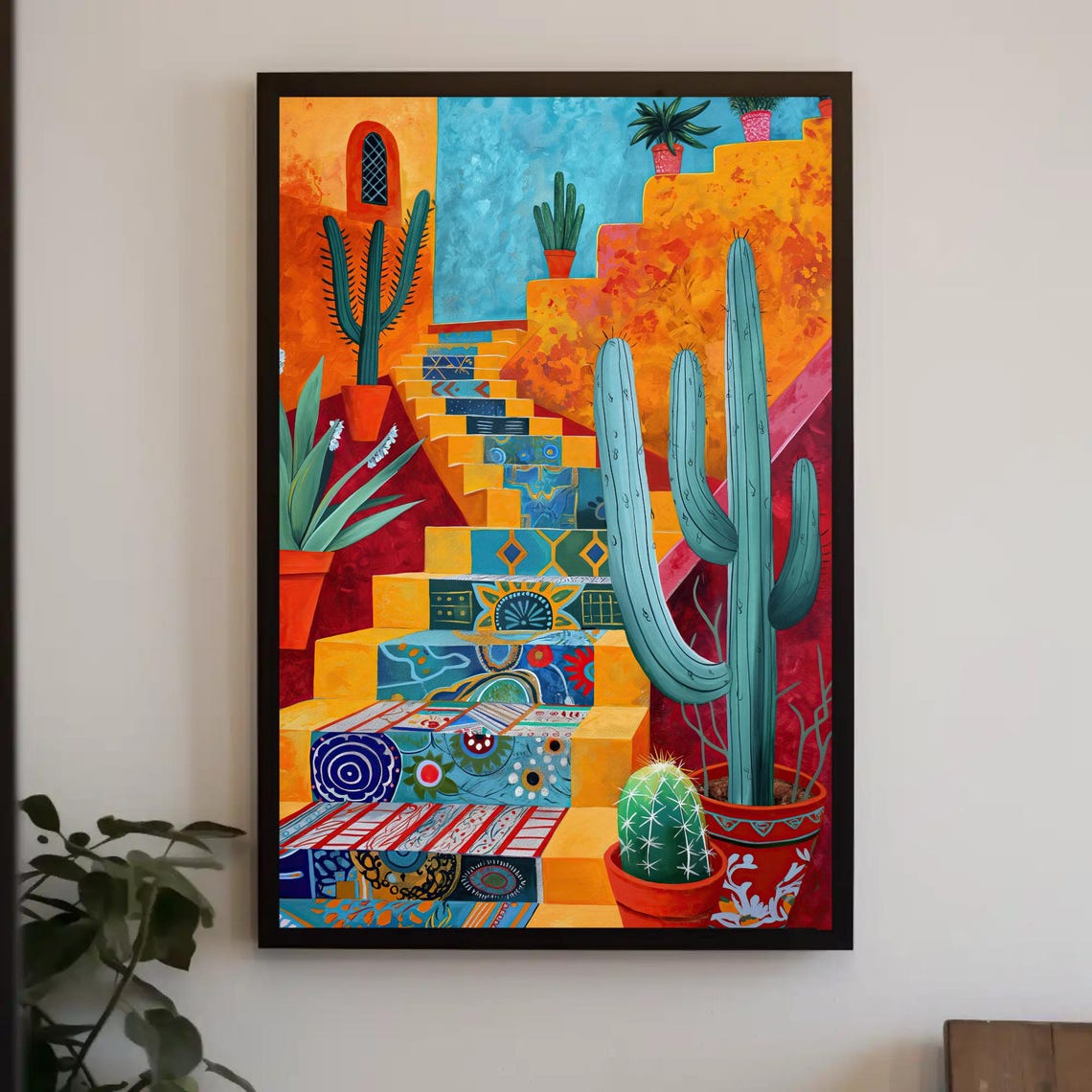 Colorful Mexican Tiled Stairs With Cacti Vibrant Folk Art Poster