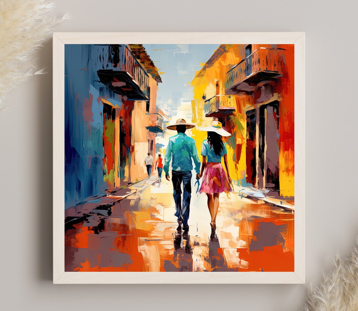 Mexican Couple Strolling Colorful Colonial Street Rain Poster
