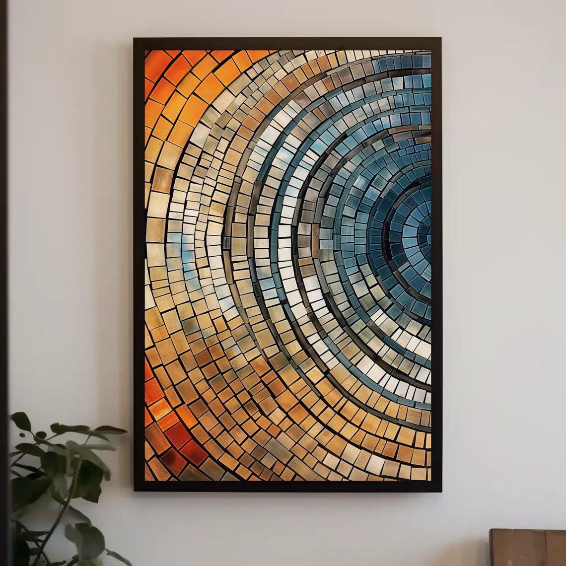 Tree Ring Mosaic Abstract Amber Gold Teal Concentric Circles Poster