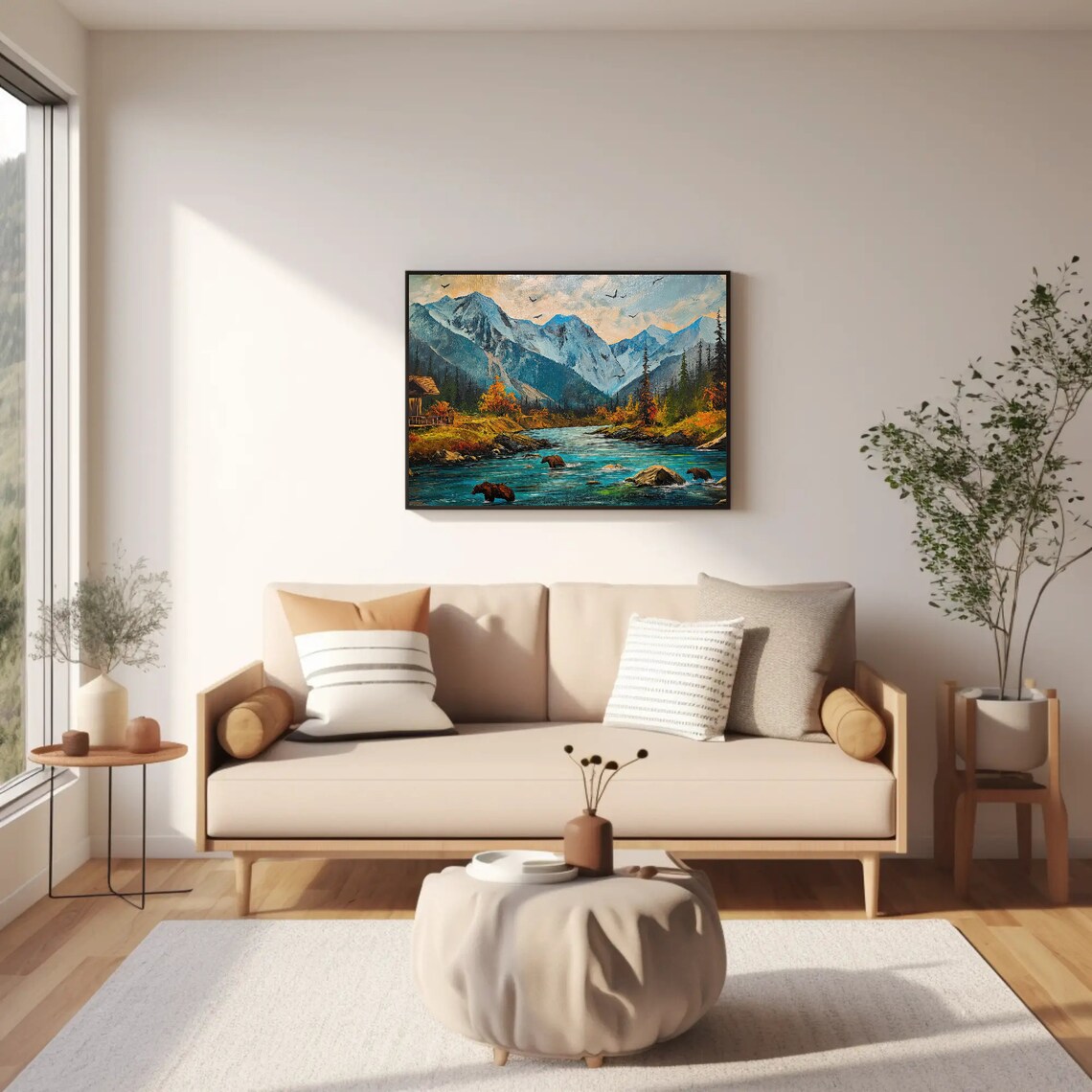 Bears Fishing in Mountain River Autumn Wilderness Painting Poster - Image 2