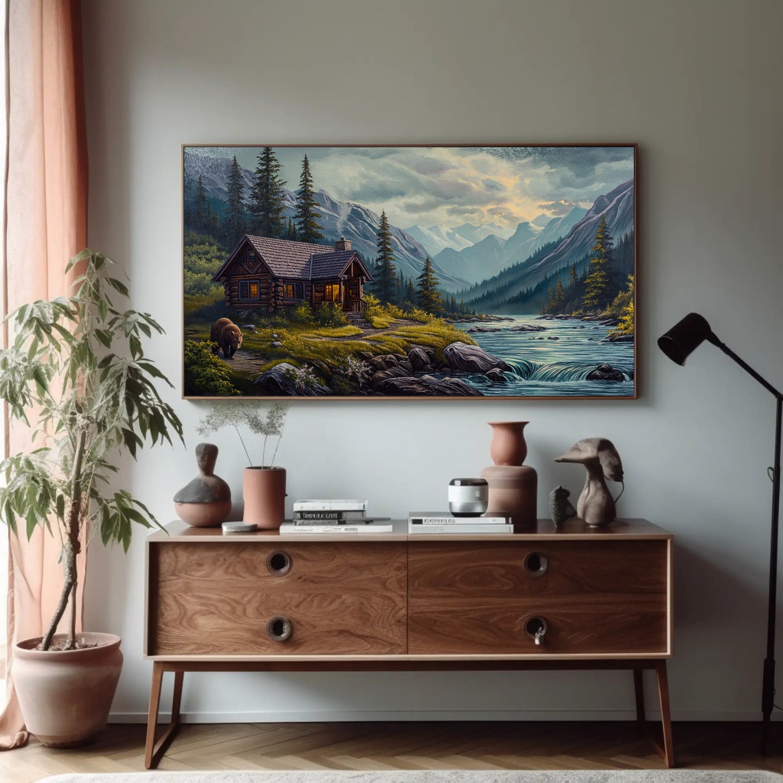 Log Cabin by River with Bear and Mountain Peaks Painting Poster - Image 4