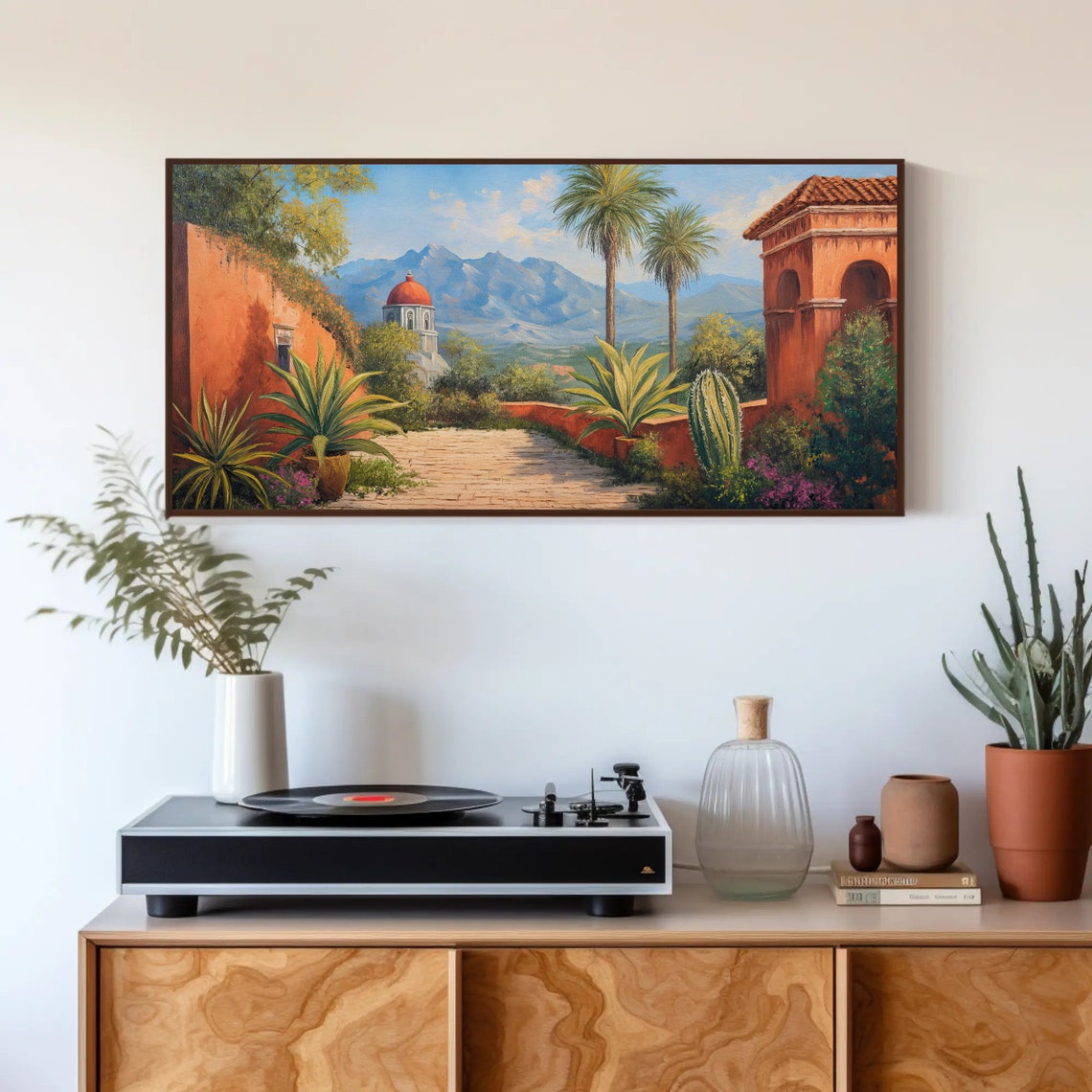 Mexican Courtyard with Palms and Church Dome Landscape Poster - Image 5
