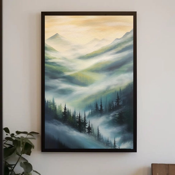Foggy Mountain Forest Trees Abstract Wall Art Foggy Nature Print Modern Living Room Decor Framed