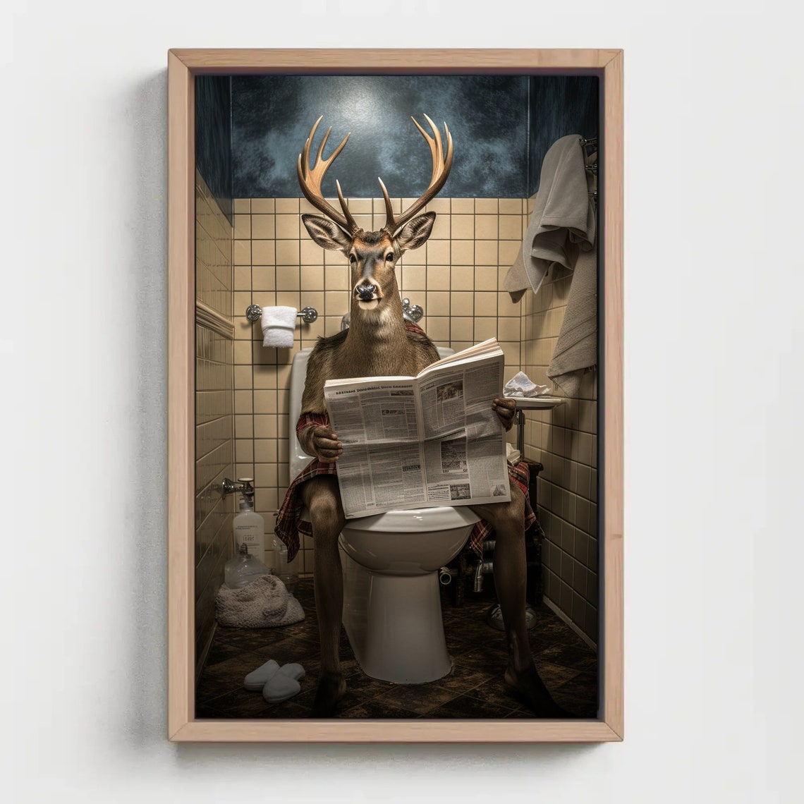 Deer With Antlers Reading Newspaper on Toilet Bathroom Humor Poster - Image 5