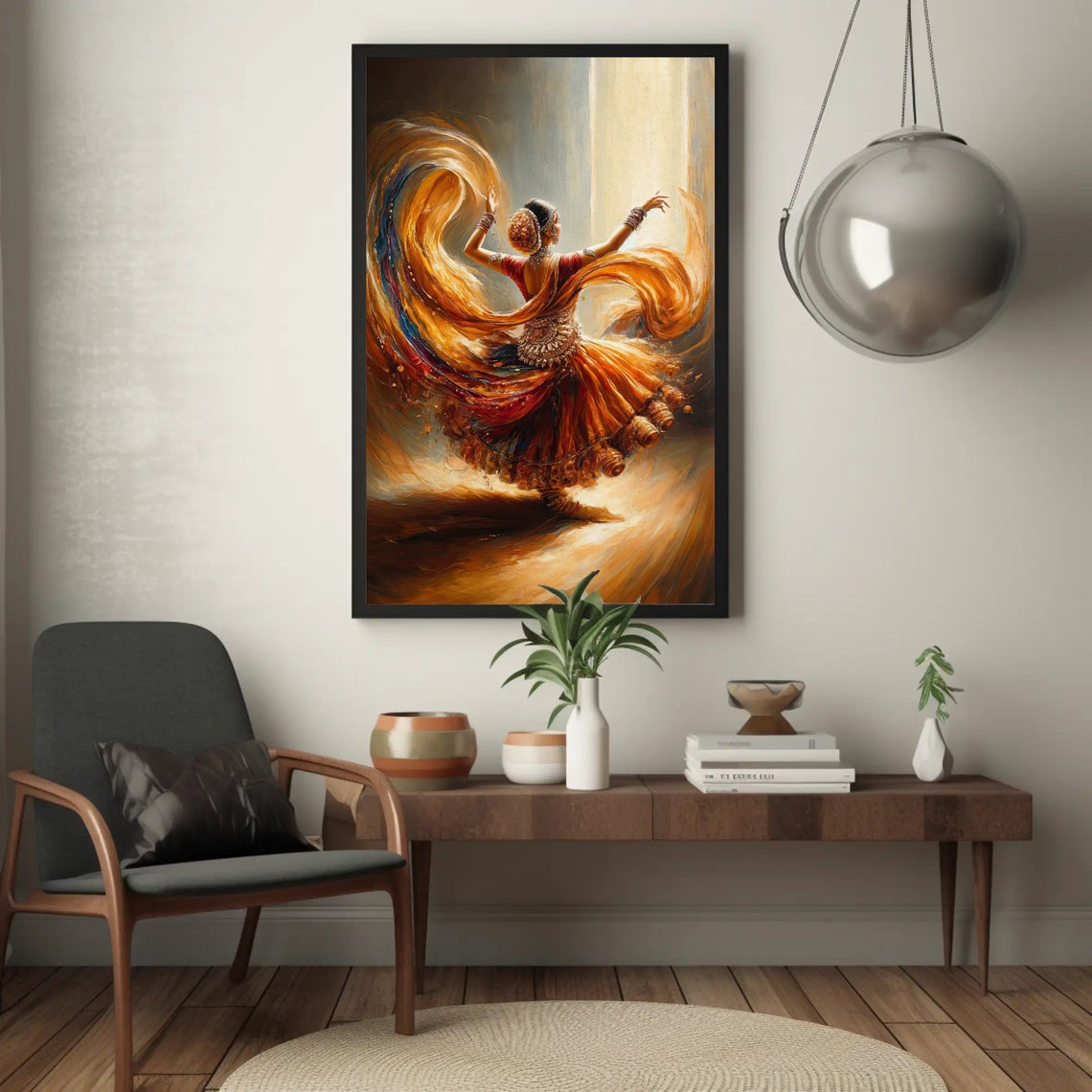 Indian Classical Dancer Spinning Orange Skirt Back View Poster - Image 2