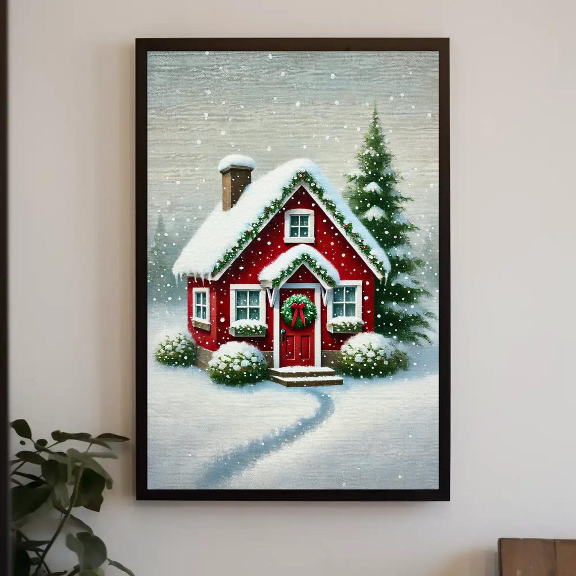 Red Snowy Cottage With Christmas Wreath In Winter Scene Poster