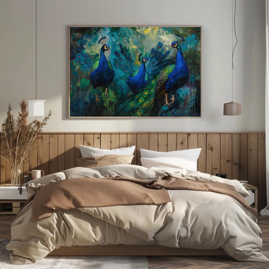 Three Vibrant Peacocks In Blue And Gold Abstract Painting Poster - Image 3