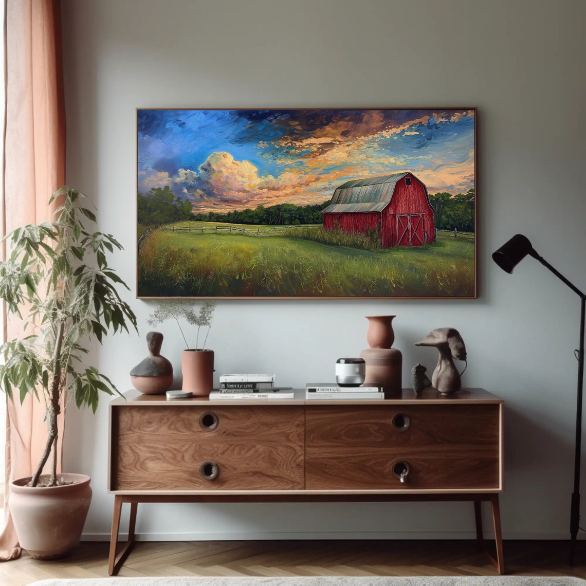 Red Barn Sunset Farmhouse Pasture Panoramic Landscape Poster - Image 3