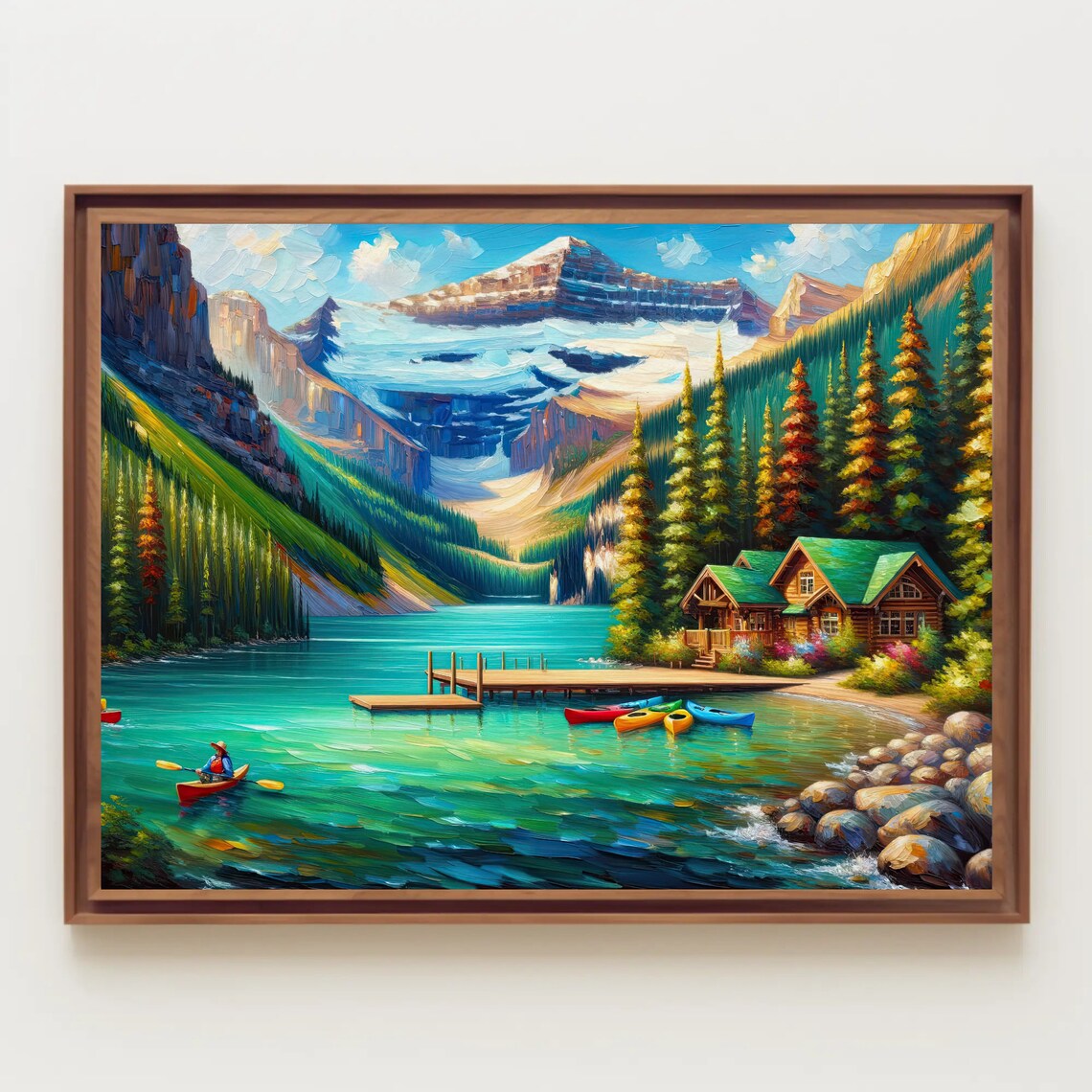 Sunny Alpine Lake Lodge With Colorful Canoes Oil Painting Poster - Image 2