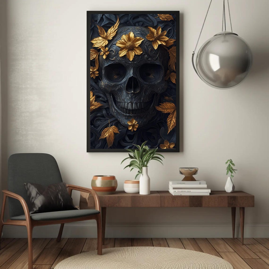 Black Carved Skull with Golden Leaves Dark Floral Gothic Poster - Image 4