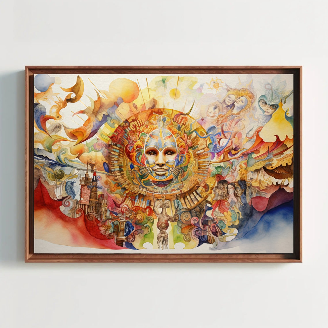 Sun Face Folk Art Colorful Watercolor Mexican Festival Poster