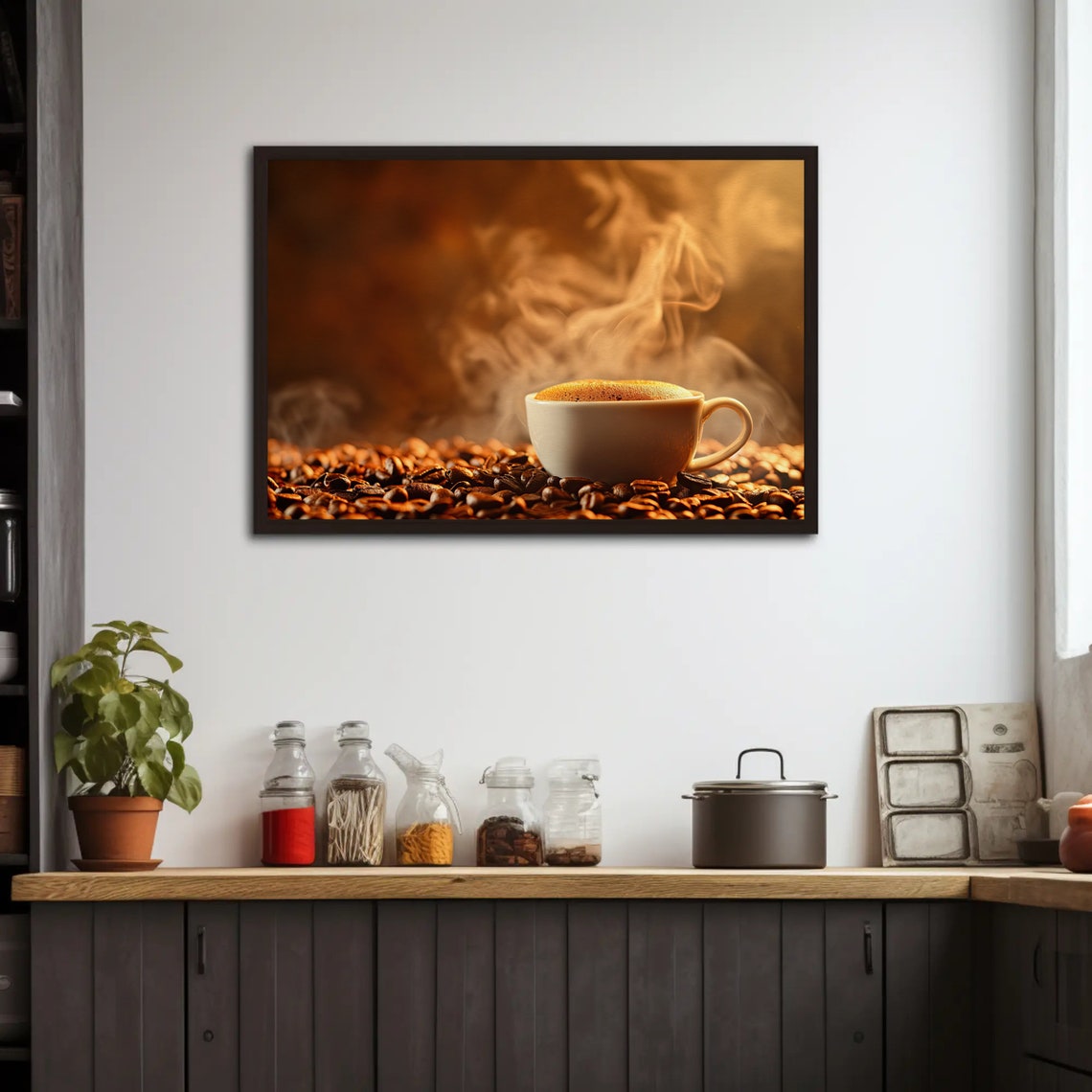 Brown Coffee Cup Print For Kitchen Or Cafe Coffee Beans Hot Coffee Painting Wall Art Ready To Hang - Image 2