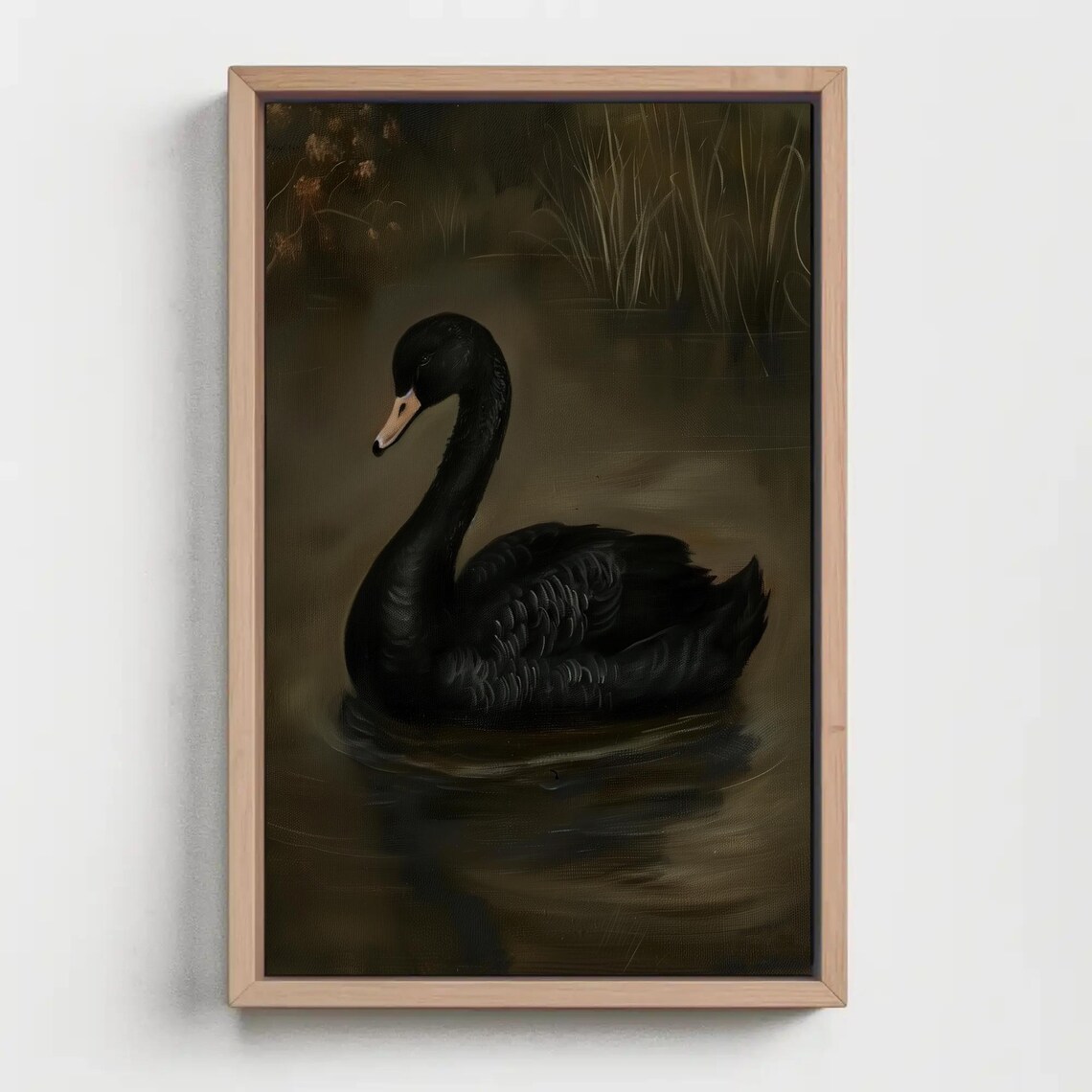 Solitary Black Swan Gliding On Dark Water Moody Oil Painting Poster - Image 3