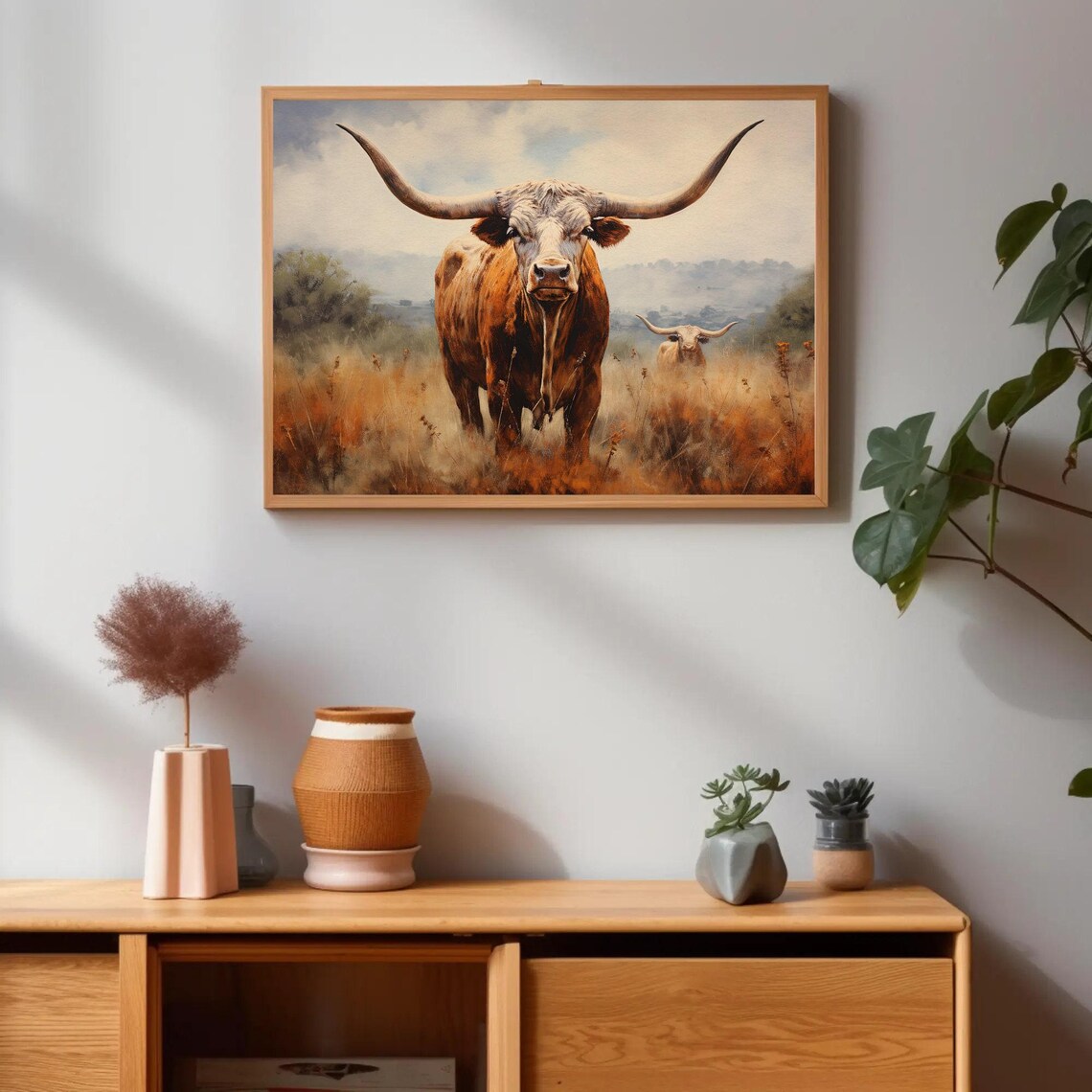 Majestic Texas Longhorn Bull Standing in Golden Prairie Field Poster - Image 3