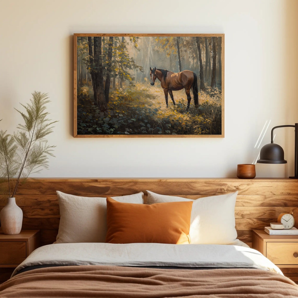 Chestnut Horse Standing in Misty Golden Autumn Forest Poster - Image 3