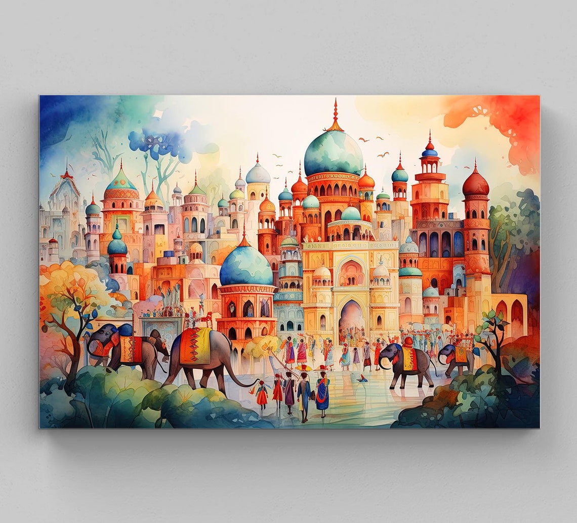 Vibrant India Palace Cityscape With Elephants Watercolor Poster