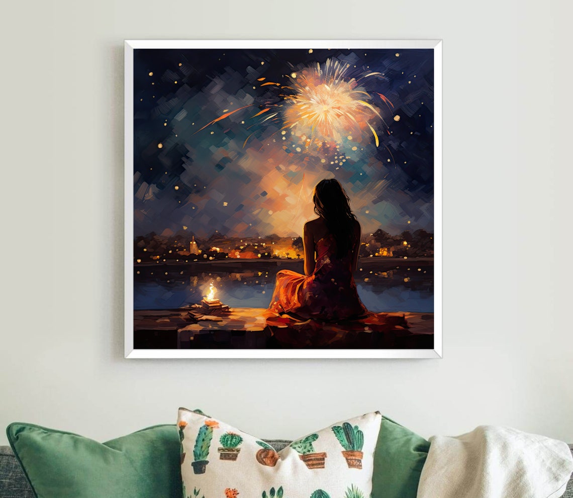 Indian Woman Watching Fireworks Over the Water at Night Poster - Image 5