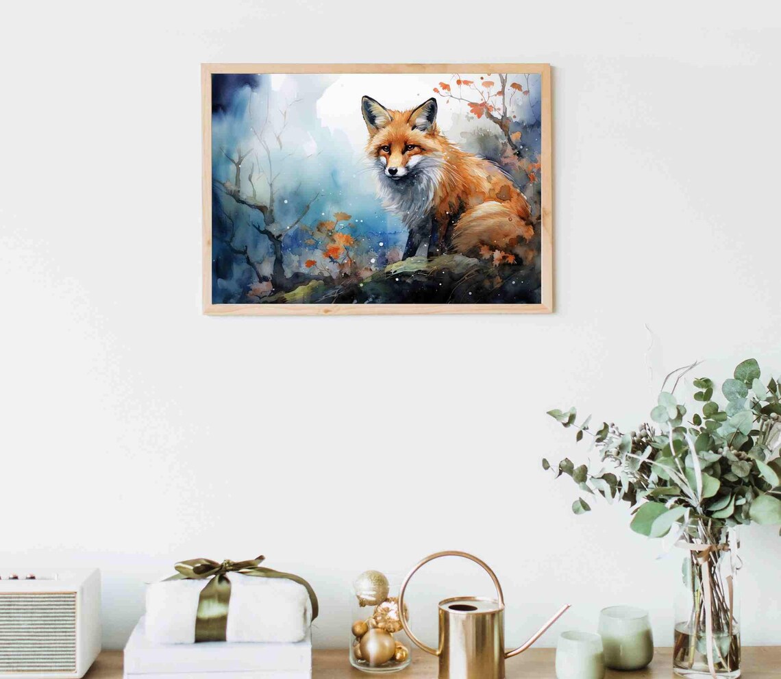 Red Fox Sitting Among Autumn Leaves Watercolor Wildlife Poster - Image 5