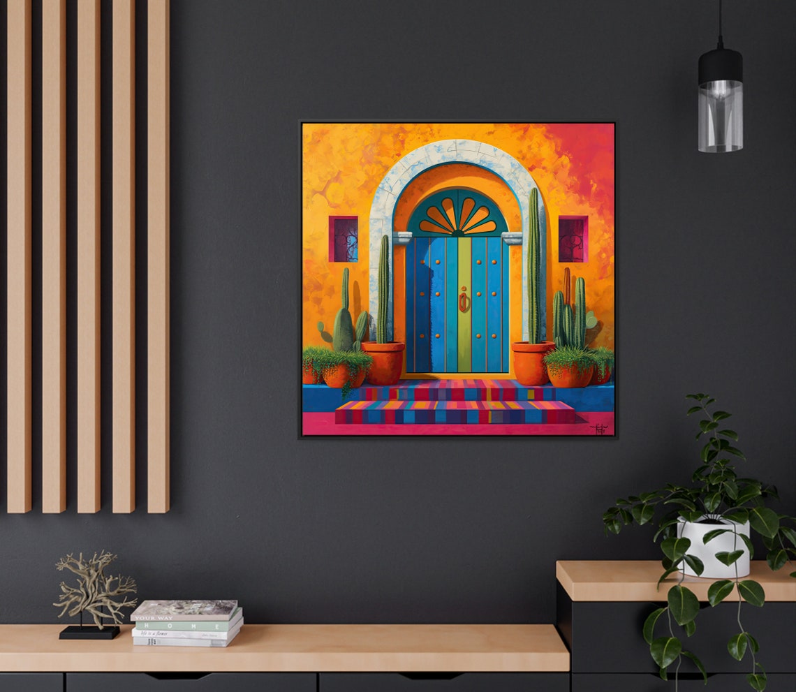 Vibrant Mexican Door With Cacti Orange Wall Architecture Print - Image 3