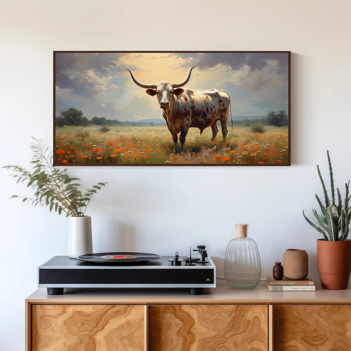 Texas Longhorn Cow in Wildflower Meadow Under Stormy Sky Poster - Image 2
