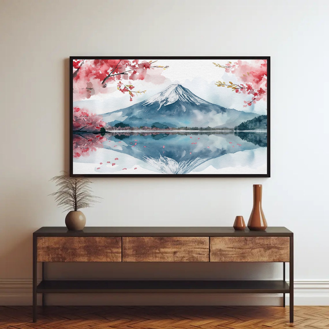 Mount Fuji with Cherry Blossoms Reflection Watercolor Poster - Image 2