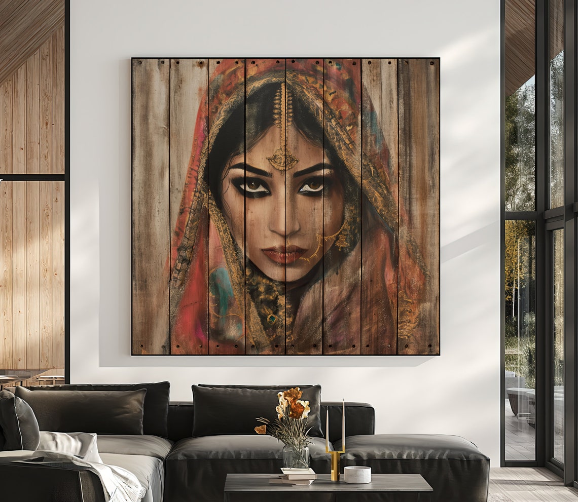 Indian Bride Portrait Painted on Reclaimed Wood Rustic Wall Poster - Image 5