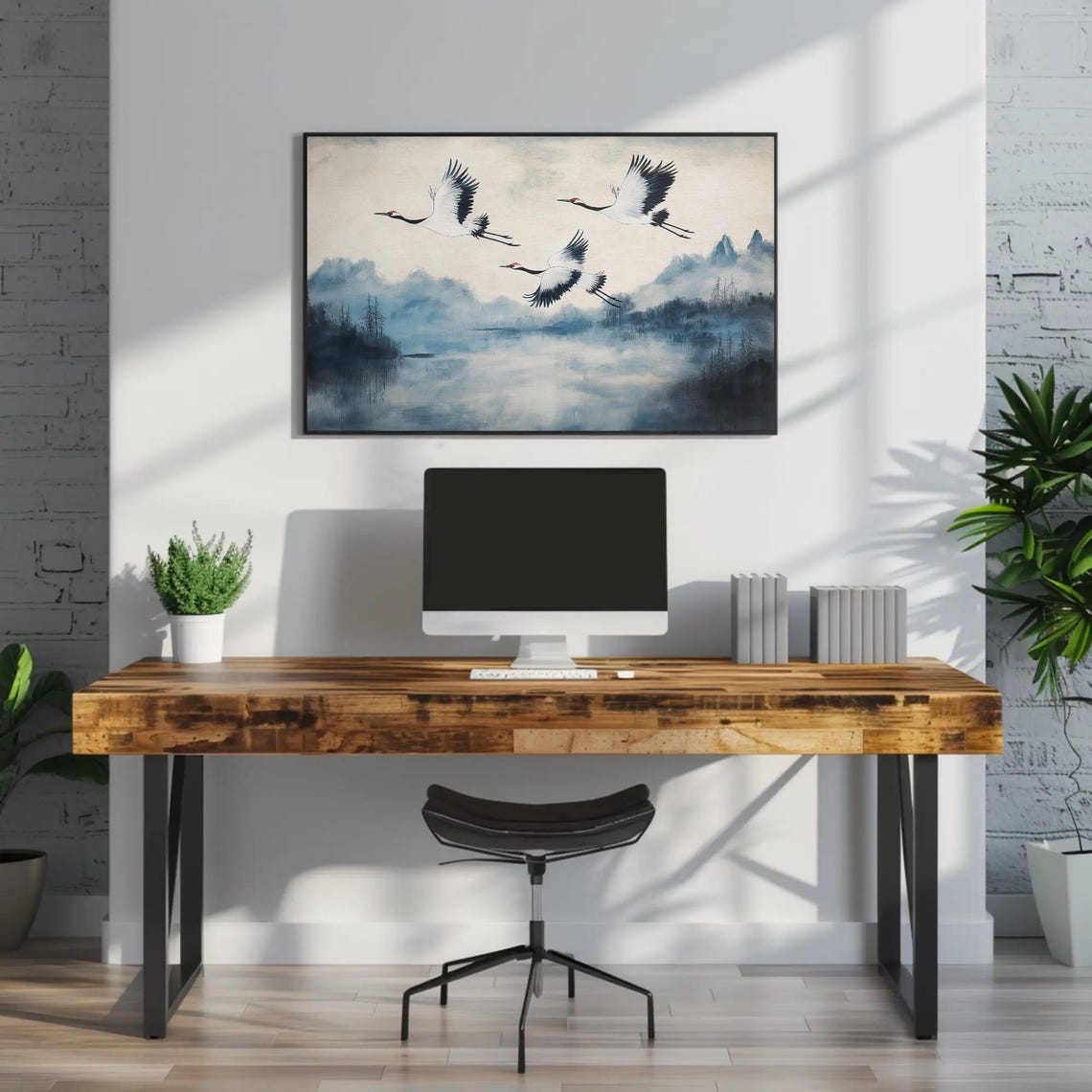 Three Red Crowned Cranes Over A Misty Blue Lake Cool Tone Poster - Image 3