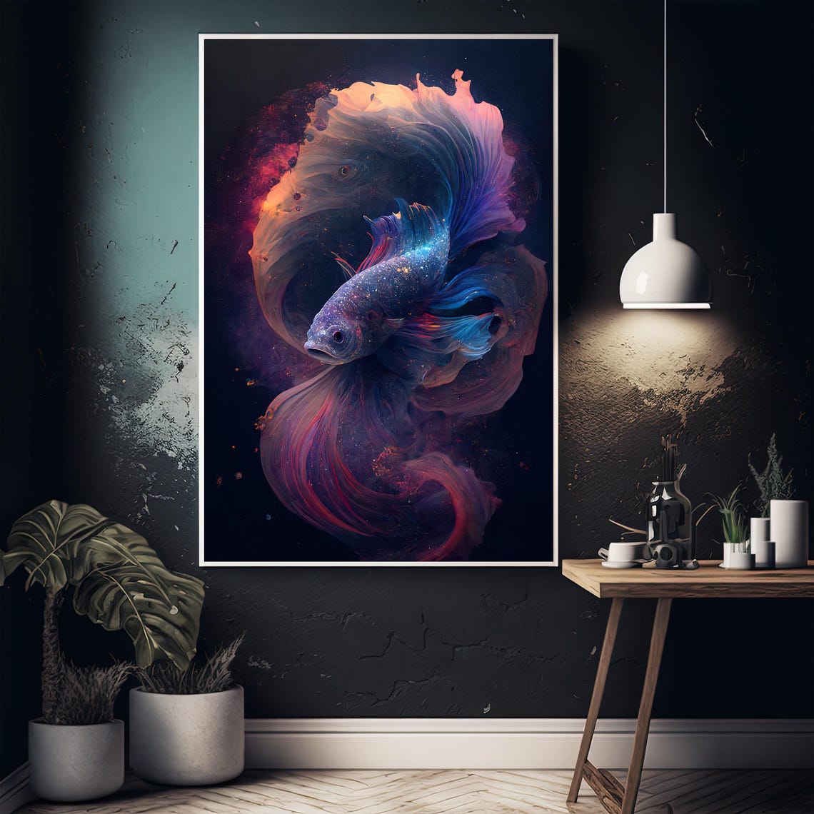 Cosmic Betta Fish Galaxy Fins On Black Abstract Aquarium Art Poster - Image 5