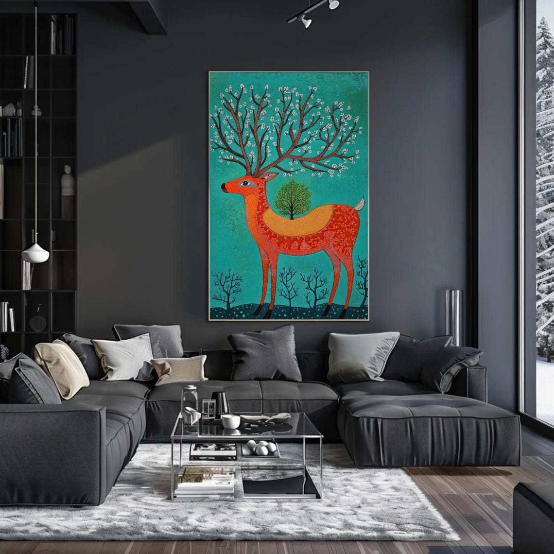 Tribal Folk Art Deer with a Blossoming Tree Growing on Its Back Poster - Image 2