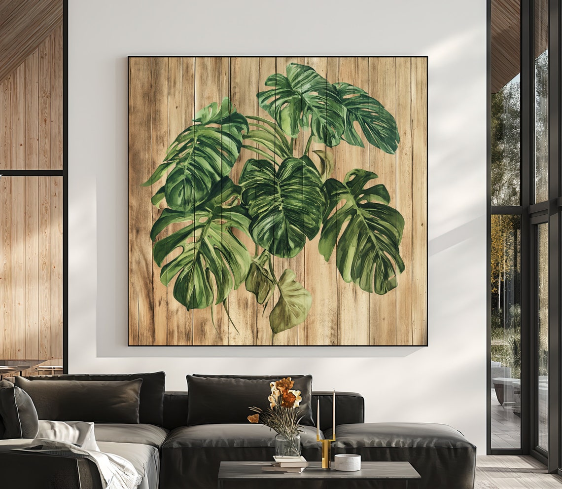 Monstera Deliciosa Leaves on Rustic Wood Botanical Farmhouse Poster