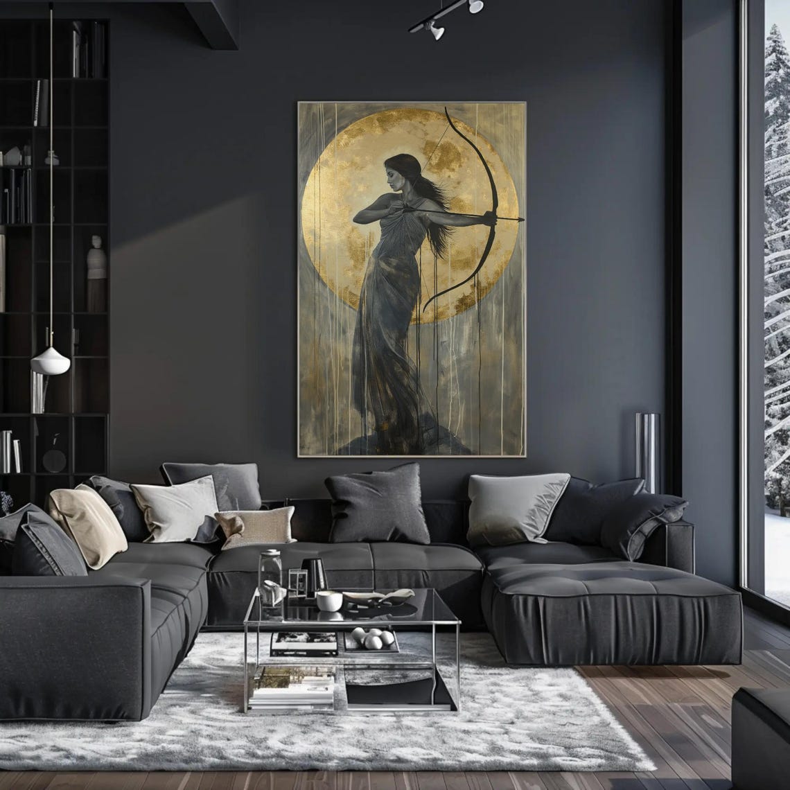 Artemis Drawing Her Bow Before A Glowing Golden Moon Art Poster - Image 2