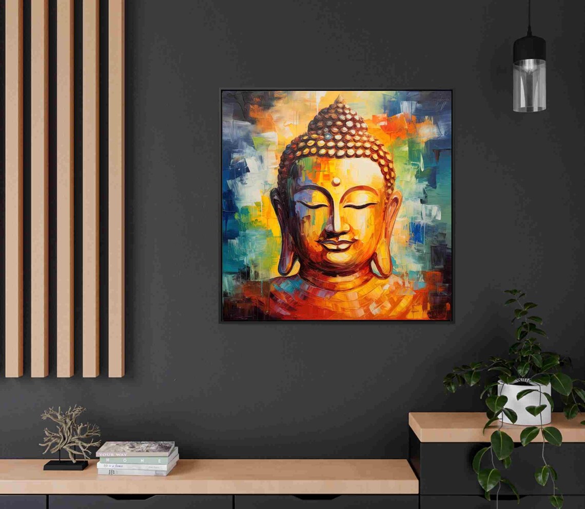 Buddha Face in Vibrant Impasto Gold Blue Oil Painting Poster - Image 2