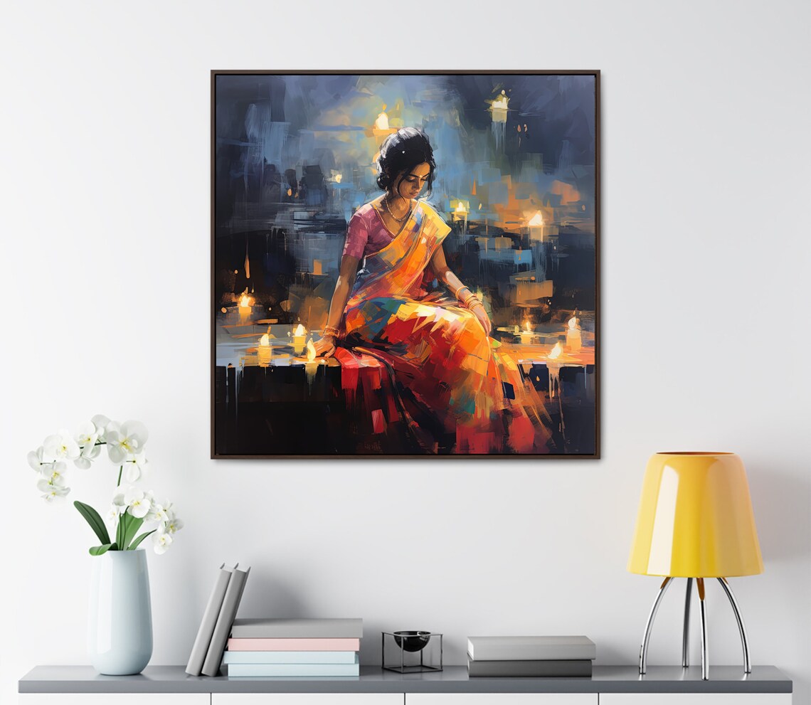 Indian Woman Beside Glowing Candles Abstract Oil Painting Decor Poster - Image 3