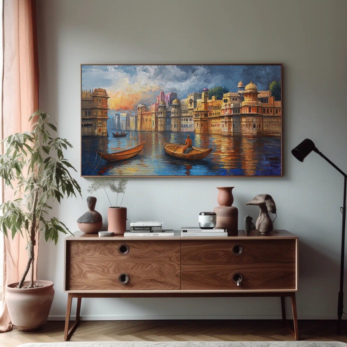 Dusk Boats On Indian River Ghats Riverside Cityscape Painting Poster - Image 4