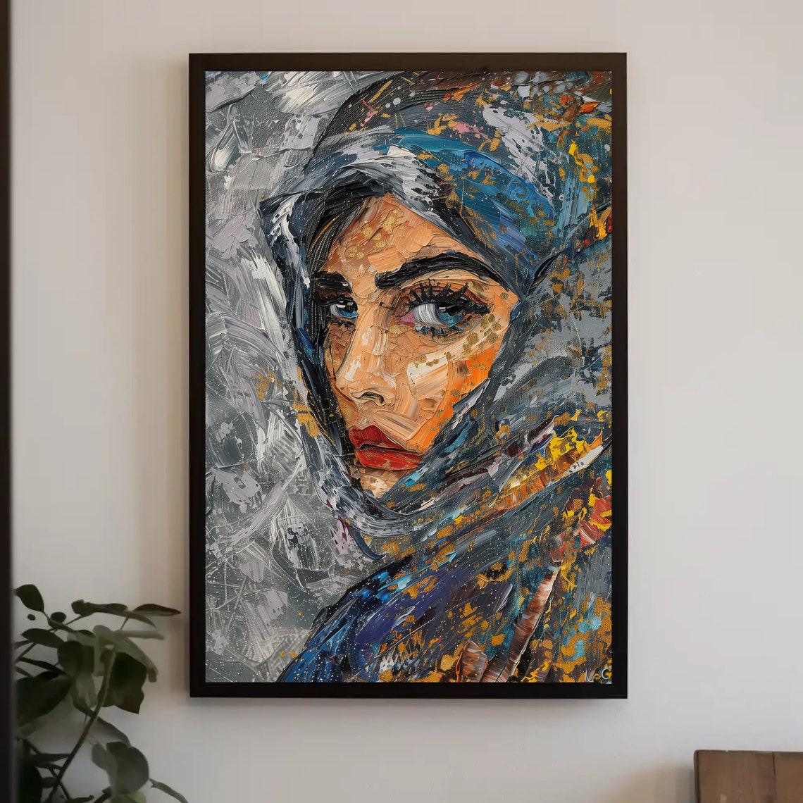 Blue-Eyed Woman in Veil Impasto Portrait Poster Red Lips Art