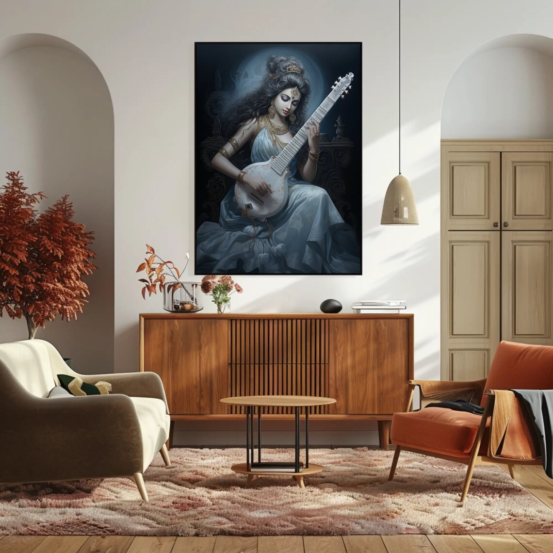 Hindu Goddess Saraswati Veena Blue Saree Deity Painting Wall Art - Image 4