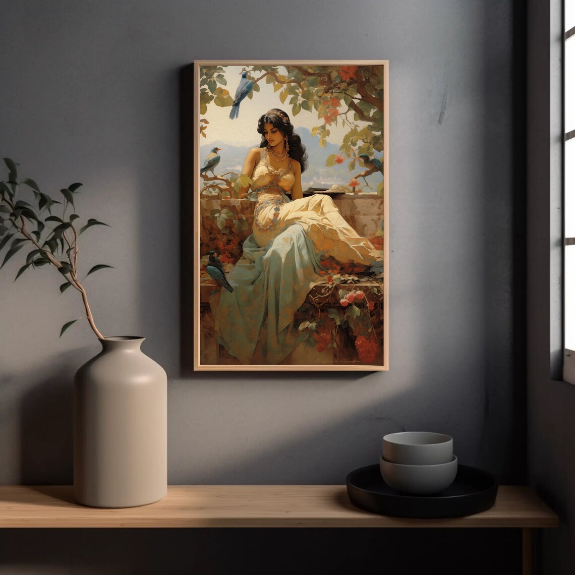 Indian Woman in Garden with Blue Birds and Red Flowers Poster - Image 2